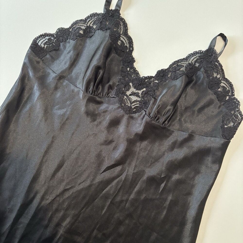 Vintage Oscar De La Renta Pink Label Nightgown Womens XL Black Satin Lace Slip